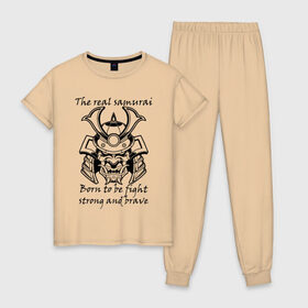 Женская пижама хлопок с принтом Настоящий самурай в Петрозаводске, 100% хлопок | брюки и футболка прямого кроя, без карманов, на брюках мягкая резинка на поясе и по низу штанин | 