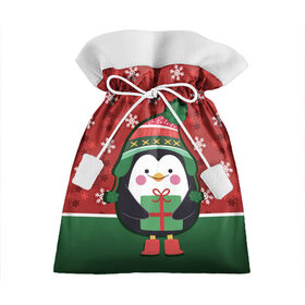 Подарочный 3D мешок с принтом Пингвин. Новый год в Петрозаводске, 100% полиэстер | Размер: 29*39 см | Тематика изображения на принте: зима | новый год | паттерн | пингвин | подарок | праздник | снежинки