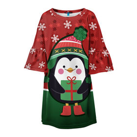 Детское платье 3D с принтом Пингвин. Новый год в Петрозаводске, 100% полиэстер | прямой силуэт, чуть расширенный к низу. Круглая горловина, на рукавах — воланы | Тематика изображения на принте: зима | новый год | паттерн | пингвин | подарок | праздник | снежинки