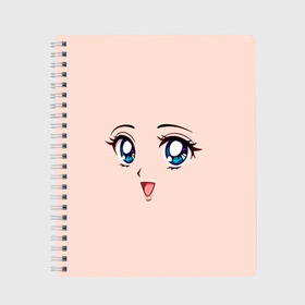 Тетрадь с принтом Happy anime face в Петрозаводске, 100% бумага | 48 листов, плотность листов — 60 г/м2, плотность картонной обложки — 250 г/м2. Листы скреплены сбоку удобной пружинной спиралью. Уголки страниц и обложки скругленные. Цвет линий — светло-серый
 | Тематика изображения на принте: angry | anime | art | big | eyes | face | girl | kawaii | manga | style | аниме | арт | глаза | девушка | кавай | лицо | манга