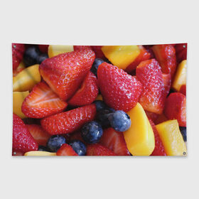Флаг-баннер с принтом Фругтово-ягодное изобилие в Петрозаводске, 100% полиэстер | размер 67 х 109 см, плотность ткани — 95 г/м2; по краям флага есть четыре люверса для крепления | еда | клубника | манго | фрукт | фрукты | черника | ягода | ягоды