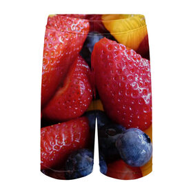Детские спортивные шорты 3D с принтом Фругтово-ягодное изобилие в Петрозаводске,  100% полиэстер
 | пояс оформлен широкой мягкой резинкой, ткань тянется
 | Тематика изображения на принте: еда | клубника | манго | фрукт | фрукты | черника | ягода | ягоды