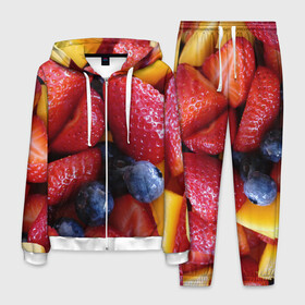 Мужской костюм 3D с принтом Фругтово-ягодное изобилие в Петрозаводске, 100% полиэстер | Манжеты и пояс оформлены тканевой резинкой, двухслойный капюшон со шнурком для регулировки, карманы спереди | еда | клубника | манго | фрукт | фрукты | черника | ягода | ягоды