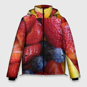 Мужская зимняя куртка 3D с принтом Фругтово-ягодное изобилие в Петрозаводске, верх — 100% полиэстер; подкладка — 100% полиэстер; утеплитель — 100% полиэстер | длина ниже бедра, свободный силуэт Оверсайз. Есть воротник-стойка, отстегивающийся капюшон и ветрозащитная планка. 

Боковые карманы с листочкой на кнопках и внутренний карман на молнии. | еда | клубника | манго | фрукт | фрукты | черника | ягода | ягоды