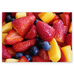 Поздравительная открытка с принтом Фругтово-ягодное изобилие в Петрозаводске, 100% бумага | плотность бумаги 280 г/м2, матовая, на обратной стороне линовка и место для марки
 | еда | клубника | манго | фрукт | фрукты | черника | ягода | ягоды