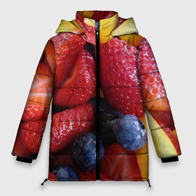 Женская зимняя куртка 3D с принтом Фругтово-ягодное изобилие в Петрозаводске, верх — 100% полиэстер; подкладка — 100% полиэстер; утеплитель — 100% полиэстер | длина ниже бедра, силуэт Оверсайз. Есть воротник-стойка, отстегивающийся капюшон и ветрозащитная планка. 

Боковые карманы с листочкой на кнопках и внутренний карман на молнии | еда | клубника | манго | фрукт | фрукты | черника | ягода | ягоды