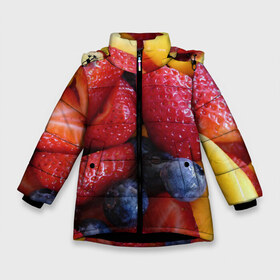 Зимняя куртка для девочек 3D с принтом Фругтово-ягодное изобилие в Петрозаводске, ткань верха — 100% полиэстер; подклад — 100% полиэстер, утеплитель — 100% полиэстер. | длина ниже бедра, удлиненная спинка, воротник стойка и отстегивающийся капюшон. Есть боковые карманы с листочкой на кнопках, утяжки по низу изделия и внутренний карман на молнии. 

Предусмотрены светоотражающий принт на спинке, радужный светоотражающий элемент на пуллере молнии и на резинке для утяжки. | еда | клубника | манго | фрукт | фрукты | черника | ягода | ягоды