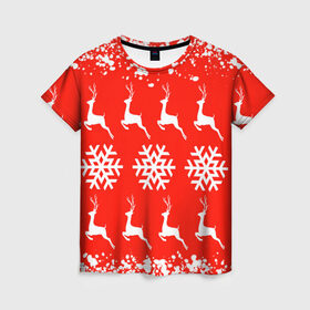 Женская футболка 3D с принтом New Year в Петрозаводске, 100% полиэфир ( синтетическое хлопкоподобное полотно) | прямой крой, круглый вырез горловины, длина до линии бедер | christmas toys | deer | new year | red | snow | snowflakes | tree | елка | красный | новогодние игрушки | новый год | олени | свитер с оленями | снег | снежинки | футболка с оленями