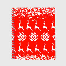 Тетрадь с принтом New Year в Петрозаводске, 100% бумага | 48 листов, плотность листов — 60 г/м2, плотность картонной обложки — 250 г/м2. Листы скреплены сбоку удобной пружинной спиралью. Уголки страниц и обложки скругленные. Цвет линий — светло-серый
 | Тематика изображения на принте: christmas toys | deer | new year | red | snow | snowflakes | tree | елка | красный | новогодние игрушки | новый год | олени | свитер с оленями | снег | снежинки | футболка с оленями