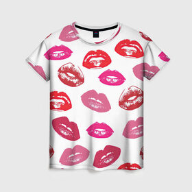 Женская футболка 3D с принтом Губы в Петрозаводске, 100% полиэфир ( синтетическое хлопкоподобное полотно) | прямой крой, круглый вырез горловины, длина до линии бедер | арт | бардовый | губы | косметика | красный | помада | поцелуи | поцелуй | рисунок | розовый