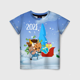 Детская футболка 3D с принтом Новый год 2021 в Петрозаводске, 100% гипоаллергенный полиэфир | прямой крой, круглый вырез горловины, длина до линии бедер, чуть спущенное плечо, ткань немного тянется | Тематика изображения на принте: 2021 | 7 января | bull | newyear | santa | бык | быки | бычок | год быка | дед мороз | корова | новогодние каникулы | новогодние праздники | новый 2021 | новый год | новый год 2021 | рождество | сани | санта | санта клаус