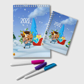 Блокнот с принтом Новый год 2021 в Петрозаводске, 100% бумага | 48 листов, плотность листов — 60 г/м2, плотность картонной обложки — 250 г/м2. Листы скреплены удобной пружинной спиралью. Цвет линий — светло-серый
 | Тематика изображения на принте: 2021 | 7 января | bull | newyear | santa | бык | быки | бычок | год быка | дед мороз | корова | новогодние каникулы | новогодние праздники | новый 2021 | новый год | новый год 2021 | рождество | сани | санта | санта клаус