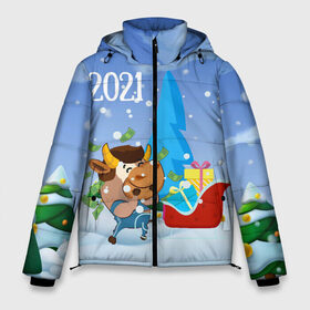 Мужская зимняя куртка 3D с принтом Новый год 2021 в Петрозаводске, верх — 100% полиэстер; подкладка — 100% полиэстер; утеплитель — 100% полиэстер | длина ниже бедра, свободный силуэт Оверсайз. Есть воротник-стойка, отстегивающийся капюшон и ветрозащитная планка. 

Боковые карманы с листочкой на кнопках и внутренний карман на молнии. | Тематика изображения на принте: 2021 | 7 января | bull | newyear | santa | бык | быки | бычок | год быка | дед мороз | корова | новогодние каникулы | новогодние праздники | новый 2021 | новый год | новый год 2021 | рождество | сани | санта | санта клаус