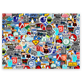 Поздравительная открытка с принтом Programming stickers в Петрозаводске, 100% бумага | плотность бумаги 280 г/м2, матовая, на обратной стороне линовка и место для марки
 | Тематика изображения на принте: css | it | linux | programming | wi fi | код | компьютер | линукс | программирование | профессия | стикер бомбинг