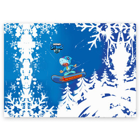 Поздравительная открытка с принтом Brawl Stars (Snowboarding) в Петрозаводске, 100% бумага | плотность бумаги 280 г/м2, матовая, на обратной стороне линовка и место для марки
 | brawl | break dance | leon | moba | skateboard | stars | supercell | surfing | игра | коллаборация | коллаж | колоборация | паттерн