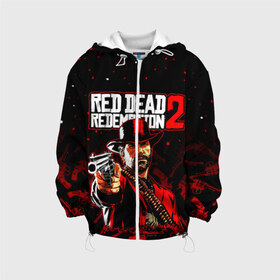 Детская куртка 3D с принтом RED DEAD REDEMPTION 2 в Петрозаводске, 100% полиэстер | застежка — молния, подол и капюшон оформлены резинкой с фиксаторами, по бокам — два кармана без застежек, один потайной карман на груди, плотность верхнего слоя — 90 г/м2; плотность флисового подклада — 260 г/м2 | rdr2 | red dead redemption | red dead redemption 2 | rockstar. | дикий запад | игра dead | ковбой | ред дед редемпшн 2 | стрельюа | стрелялка
