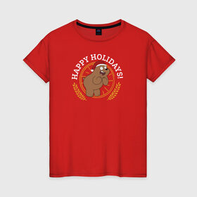 Женская футболка хлопок с принтом Happy holidays! в Петрозаводске, 100% хлопок | прямой крой, круглый вырез горловины, длина до линии бедер, слегка спущенное плечо | cartoon network | grizz | vdkimel | we bare bears | вся правда о медведях | гризли