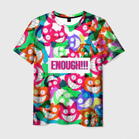 Мужская футболка 3D с принтом ENOUGH! в Петрозаводске, 100% полиэфир | прямой крой, круглый вырез горловины, длина до линии бедер | cat | colorful | достаточно | кот | красочная | пестрая | улыбающийся кот | хватит | цветастая | цветная | яркая