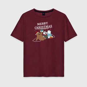 Женская футболка хлопок Oversize с принтом Merry christmas в Петрозаводске, 100% хлопок | свободный крой, круглый ворот, спущенный рукав, длина до линии бедер
 | cartoon network | grizz | icebear | panda | vdkimel | we bare bears | белый | вся правда о медведях | гризли | панда