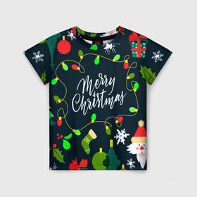 Детская футболка 3D с принтом Merry Christmas в Петрозаводске, 100% гипоаллергенный полиэфир | прямой крой, круглый вырез горловины, длина до линии бедер, чуть спущенное плечо, ткань немного тянется | 2020 | 2021 | new year | гирлянда | дед мороз | елка | зеленый | игрушка | клаус | конфеты | нг | новый год | носок | перчатка | подарок | рождество | с | санта | сладости | снег | снеговик | снежинка | шапка | шары