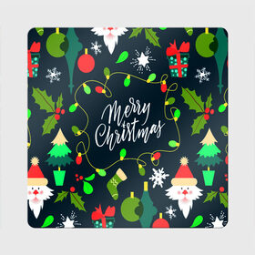 Магнит виниловый Квадрат с принтом Merry Christmas в Петрозаводске, полимерный материал с магнитным слоем | размер 9*9 см, закругленные углы | 2020 | 2021 | new year | гирлянда | дед мороз | елка | зеленый | игрушка | клаус | конфеты | нг | новый год | носок | перчатка | подарок | рождество | с | санта | сладости | снег | снеговик | снежинка | шапка | шары