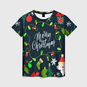 Женская футболка 3D с принтом Merry Christmas в Петрозаводске, 100% полиэфир ( синтетическое хлопкоподобное полотно) | прямой крой, круглый вырез горловины, длина до линии бедер | 2020 | 2021 | new year | гирлянда | дед мороз | елка | зеленый | игрушка | клаус | конфеты | нг | новый год | носок | перчатка | подарок | рождество | с | санта | сладости | снег | снеговик | снежинка | шапка | шары