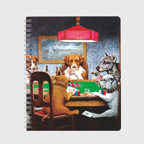 Тетрадь с принтом Собаки играют в покер в Петрозаводске, 100% бумага | 48 листов, плотность листов — 60 г/м2, плотность картонной обложки — 250 г/м2. Листы скреплены сбоку удобной пружинной спиралью. Уголки страниц и обложки скругленные. Цвет линий — светло-серый
 | a friend in need | art | artist | bets | buldog | cards | chips | dogs | gambling | games | memes | picture | poker | азартные игры | бульдог | друг познается в беде | искусство | картина | карты | мемы | покер | сенбернар | собаки | собачки | ставки