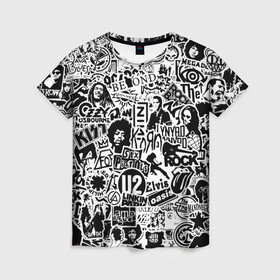 Женская футболка 3D с принтом Rock Band Logos в Петрозаводске, 100% полиэфир ( синтетическое хлопкоподобное полотно) | прямой крой, круглый вырез горловины, длина до линии бедер | ac dc | linkin park | music | queen | radiohead | rock | rock band logos | линкин парк | музыка | ретро | рок группа | элвис