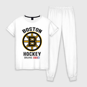Женская пижама хлопок с принтом BOSTON BRUINS NHL в Петрозаводске, 100% хлопок | брюки и футболка прямого кроя, без карманов, на брюках мягкая резинка на поясе и по низу штанин | black | boston | bruins | hockey | ice | logo | nhl | sport | usa | бостон | брюинз | кубок | логотип | нхл | спорт | стэнли | хоккей