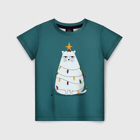 Детская футболка 3D с принтом Кото-ёлка в Петрозаводске, 100% гипоаллергенный полиэфир | прямой крой, круглый вырез горловины, длина до линии бедер, чуть спущенное плечо, ткань немного тянется | claus | happy new year | merry christmas | santa | snowman | дед мороз | елка | клаус | новый год | рождество | с новым годом | санта | снеговик