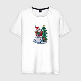 Мужская футболка хлопок с принтом С новым годом в Петрозаводске, 100% хлопок | прямой крой, круглый вырез горловины, длина до линии бедер, слегка спущенное плечо. | claus | happy new year | merry christmas | santa | snowman | дед мороз | елка | клаус | новый год | рождество | с новым годом | санта | снеговик