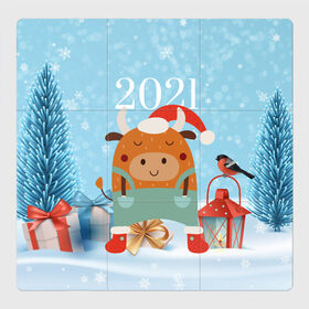 Магнитный плакат 3Х3 с принтом Новогодний бычок 2021 в Петрозаводске, Полимерный материал с магнитным слоем | 9 деталей размером 9*9 см | 2021 | 7 января | bull | newyear | santa | бык | быки | бычок | год быка | дед мороз | корова | новогодние каникулы | новогодние праздники | новый 2021 | новый год | новый год 2021 | рождество | сани | санта | санта клаус