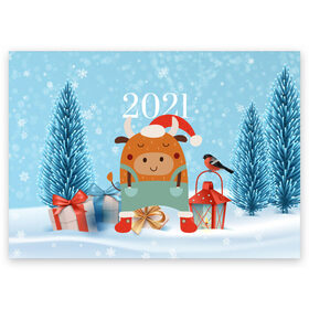 Поздравительная открытка с принтом Новогодний бычок 2021 в Петрозаводске, 100% бумага | плотность бумаги 280 г/м2, матовая, на обратной стороне линовка и место для марки
 | 2021 | 7 января | bull | newyear | santa | бык | быки | бычок | год быка | дед мороз | корова | новогодние каникулы | новогодние праздники | новый 2021 | новый год | новый год 2021 | рождество | сани | санта | санта клаус