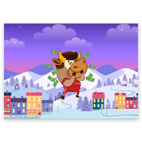 Поздравительная открытка с принтом Денежный бык в Петрозаводске, 100% бумага | плотность бумаги 280 г/м2, матовая, на обратной стороне линовка и место для марки
 | 2021 | 7 января | bull | newyear | santa | бык | быки | бычок | год быка | дед мороз | корова | новогодние каникулы | новогодние праздники | новый 2021 | новый год | новый год 2021 | рождество | сани | санта | санта клаус