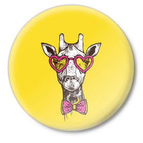 Значок с принтом Жираф в Петрозаводске,  металл | круглая форма, металлическая застежка в виде булавки | бабочка | винтаж | графика | жираф | очки | ретро | рисунок | сердечки | хипстер