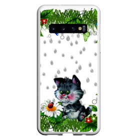 Чехол для Samsung Galaxy S10 с принтом котёнок в Петрозаводске, Силикон | Область печати: задняя сторона чехла, без боковых панелей | божья коровка | дождик | котёнок | цветы