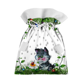 Подарочный 3D мешок с принтом котёнок в Петрозаводске, 100% полиэстер | Размер: 29*39 см | Тематика изображения на принте: божья коровка | дождик | котёнок | цветы