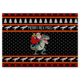 Поздравительная открытка с принтом Merry Rex-mas в Петрозаводске, 100% бумага | плотность бумаги 280 г/м2, матовая, на обратной стороне линовка и место для марки
 | Тематика изображения на принте: 2020 | 2021 | christmas | dino | happy | merry | new year | rex | santa | sweater | t rex | ugly christmas | динозавр | зима | новогодний | новогодняя | новый год | рождественский | рождественский свитер | рождество | санта | свитер | снег
