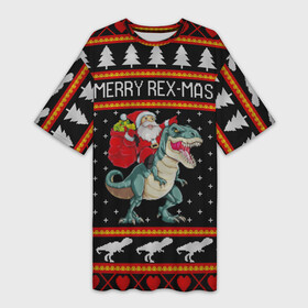 Платье-футболка 3D с принтом Merry Rex mas в Петрозаводске,  |  | 2020 | 2021 | christmas | dino | happy | merry | new year | rex | santa | sweater | t rex | ugly christmas | динозавр | зима | новогодний | новогодняя | новый год | рождественский | рождественский свитер | рождество | санта | свитер | снег