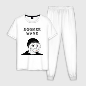 Мужская пижама хлопок с принтом Doomer Wave в Петрозаводске, 100% хлопок | брюки и футболка прямого кроя, без карманов, на брюках мягкая резинка на поясе и по низу штанин
 | 20 | 2020 | 2021 | 21 | 2k20 | 2к20 | doomer | girl | girls | guy | man | mem | meme | memes | wafe | бумер | бумеры | волна | девушка | девушки | думер | думеры | зумер | зумеры | мем | мемы | мужчина | парень