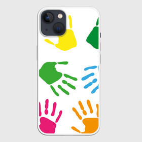 Чехол для iPhone 13 с принтом Цветные ладошки   Детский узор в Петрозаводске,  |  | дети | детский | краска | ладошки | пальцы | радуга | ребенок | руки | след | узор