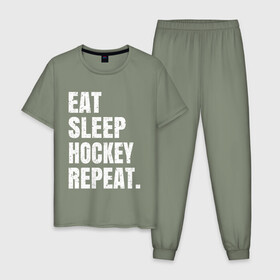 Мужская пижама хлопок с принтом EAT SLEEP HOCKEY REPEAT в Петрозаводске, 100% хлопок | брюки и футболка прямого кроя, без карманов, на брюках мягкая резинка на поясе и по низу штанин
 | Тематика изображения на принте: boston | bruins | capitals | detroit | eat | eat sleep hockey repeat | hockey | nhl | penguins | pittsburgh | red wings | repeat | sleep | washington | вашингтон кэпиталз | нхл | питтсбург пингвинз | хокей | хоккей