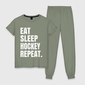 Женская пижама хлопок с принтом EAT SLEEP HOCKEY REPEAT в Петрозаводске, 100% хлопок | брюки и футболка прямого кроя, без карманов, на брюках мягкая резинка на поясе и по низу штанин | boston | bruins | capitals | detroit | eat | eat sleep hockey repeat | hockey | nhl | penguins | pittsburgh | red wings | repeat | sleep | washington | вашингтон кэпиталз | нхл | питтсбург пингвинз | хокей | хоккей