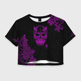 Женская футболка Crop-top 3D с принтом Demonic skull в Петрозаводске, 100% полиэстер | круглая горловина, длина футболки до линии талии, рукава с отворотами | demon | evil | skull | готический | демон | дьявол | зло | монстр | паук | паутина | рога | скелет | цветы | череп