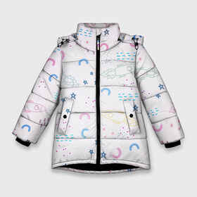 Зимняя куртка для девочек 3D с принтом Рисованный космос в Петрозаводске, ткань верха — 100% полиэстер; подклад — 100% полиэстер, утеплитель — 100% полиэстер. | длина ниже бедра, удлиненная спинка, воротник стойка и отстегивающийся капюшон. Есть боковые карманы с листочкой на кнопках, утяжки по низу изделия и внутренний карман на молнии. 

Предусмотрены светоотражающий принт на спинке, радужный светоотражающий элемент на пуллере молнии и на резинке для утяжки. | звезды | линии | магнит | ракеты | рисованный | рисунок космос