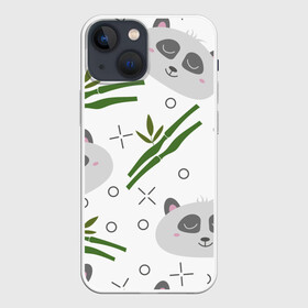Чехол для iPhone 13 mini с принтом Панда с бамбуком в Петрозаводске,  |  | бамбук | белый | детский | милый | мультяшный | панда | паттерн | узор