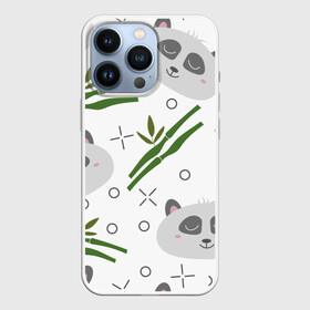 Чехол для iPhone 13 Pro с принтом Панда с бамбуком в Петрозаводске,  |  | бамбук | белый | детский | милый | мультяшный | панда | паттерн | узор