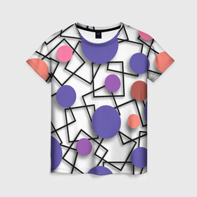 Женская футболка 3D с принтом Геометрический узор в Петрозаводске, 100% полиэфир ( синтетическое хлопкоподобное полотно) | прямой крой, круглый вырез горловины, длина до линии бедер | 3д эффект | графика | квадраты | объемные фигуры | разноцветные круги