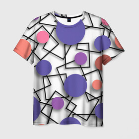 Мужская футболка 3D с принтом Геометрический узор в Петрозаводске, 100% полиэфир | прямой крой, круглый вырез горловины, длина до линии бедер | 3д эффект | графика | квадраты | объемные фигуры | разноцветные круги