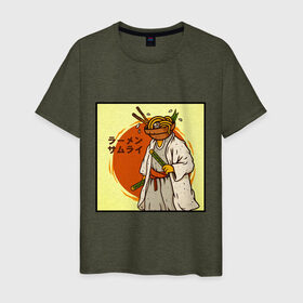 Мужская футболка хлопок с принтом Съедобный самурай в Петрозаводске, 100% хлопок | прямой крой, круглый вырез горловины, длина до линии бедер, слегка спущенное плечо. | Тематика изображения на принте: japan | katana | ramen | samurai | катана | лапша | рамен | самурай | япония